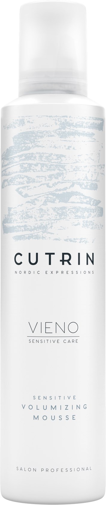 Eine weiße Flasche mit Sprühkopf, gekennzeichnet mit 'CUTRIN VIENO Sensitive Care Volumizing Mousse'.