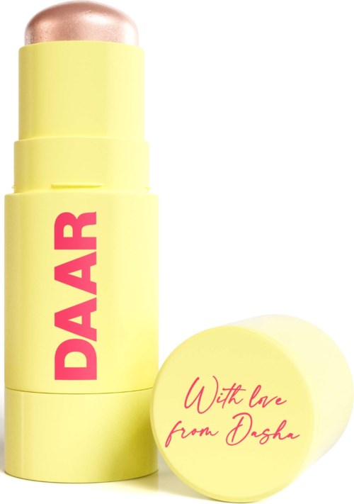 Gelbes Lippenpflegestift mit rosa Schrift und einem separaten gelben Deckel, auf dem steht "With love from Dasha."