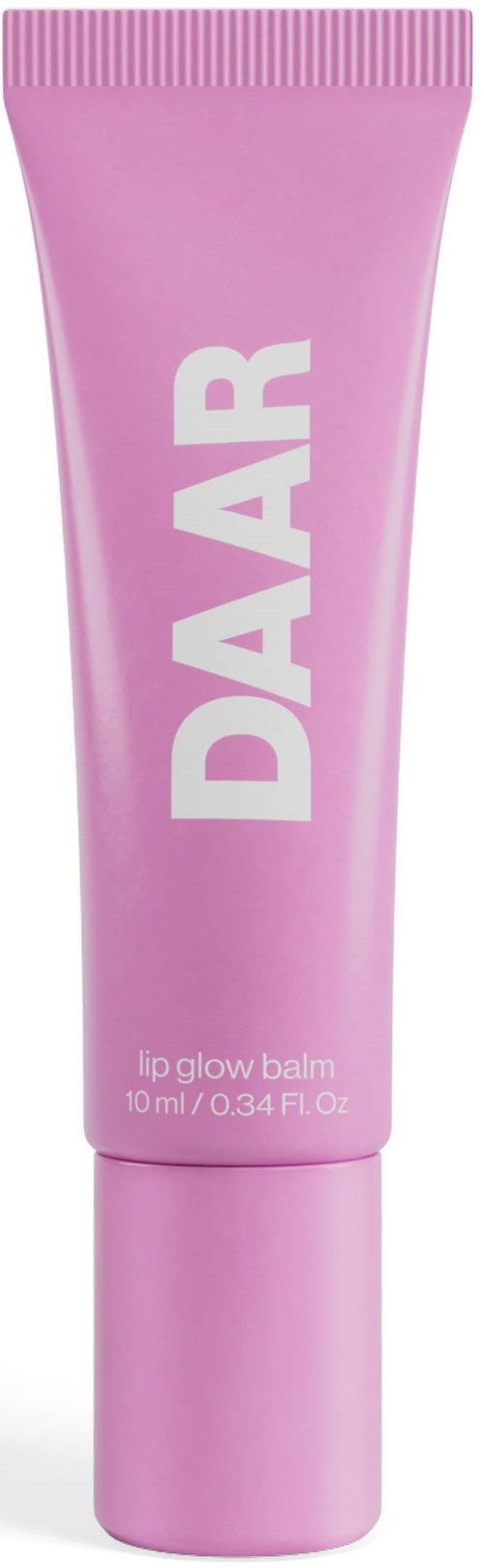 Roze tube met 'DAAR' en 'lip glow balm', 10 ml.