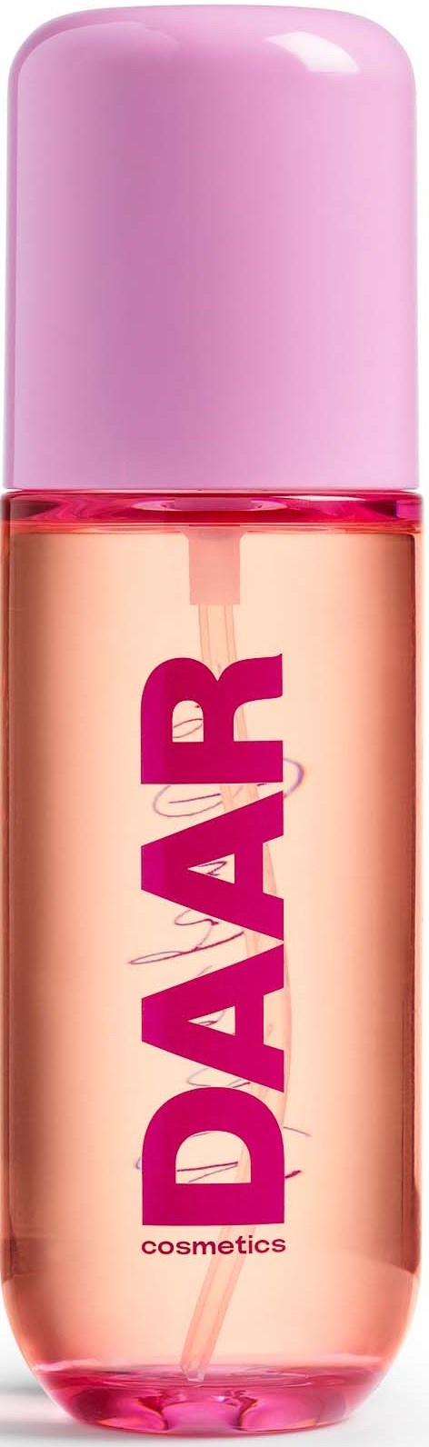 En flaska med rosa lock av DADAR kosmetika med tydligt innehållande persikofärgad vätska.