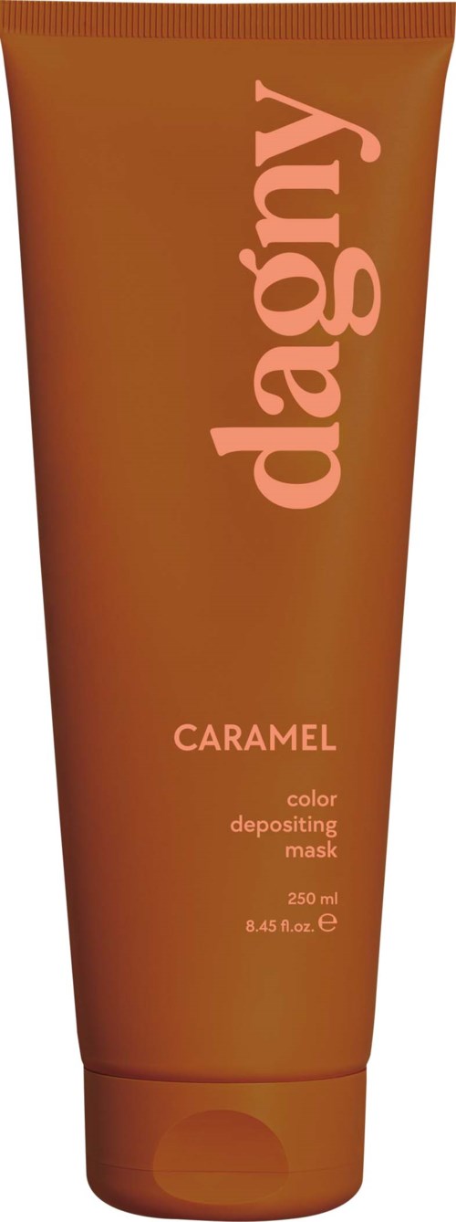 A brown tube labeled Dagny caramel color depositing mask with 250 ml size. Simple and sleek design.