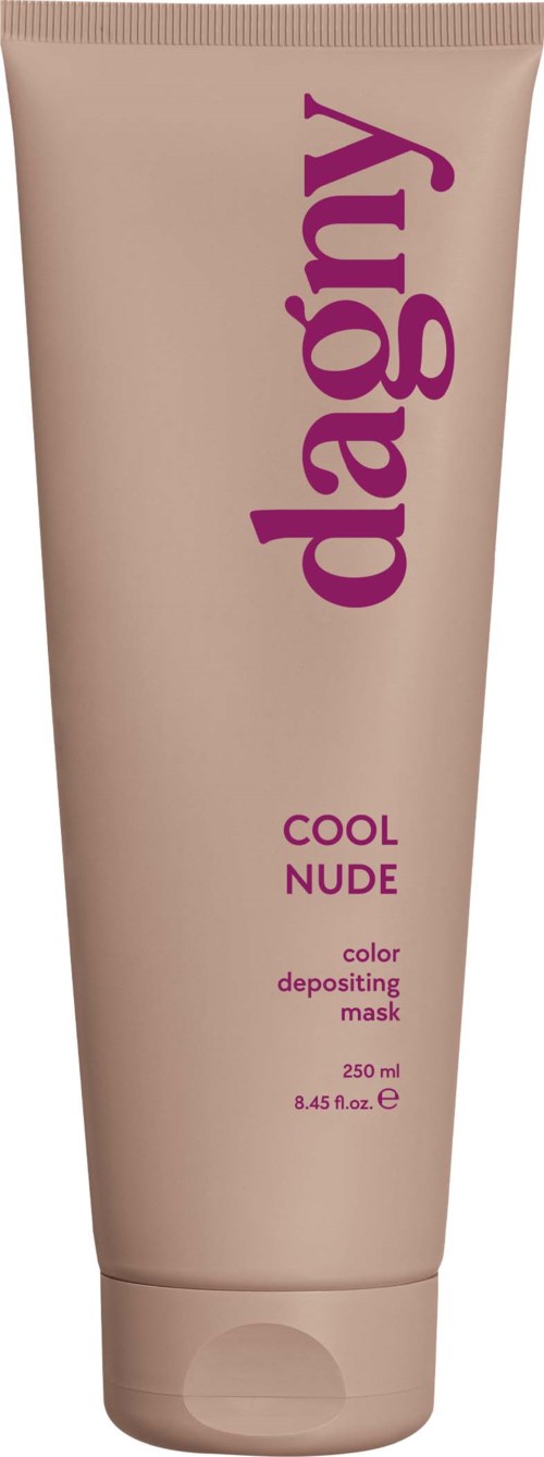 A beige tube of Dagy Cool Nude color depositing mask with purple text and a flip cap.