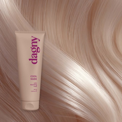 A tube of hair mask labeled 'dagy cool nude' with shiny, blonde hair flowing in the background.