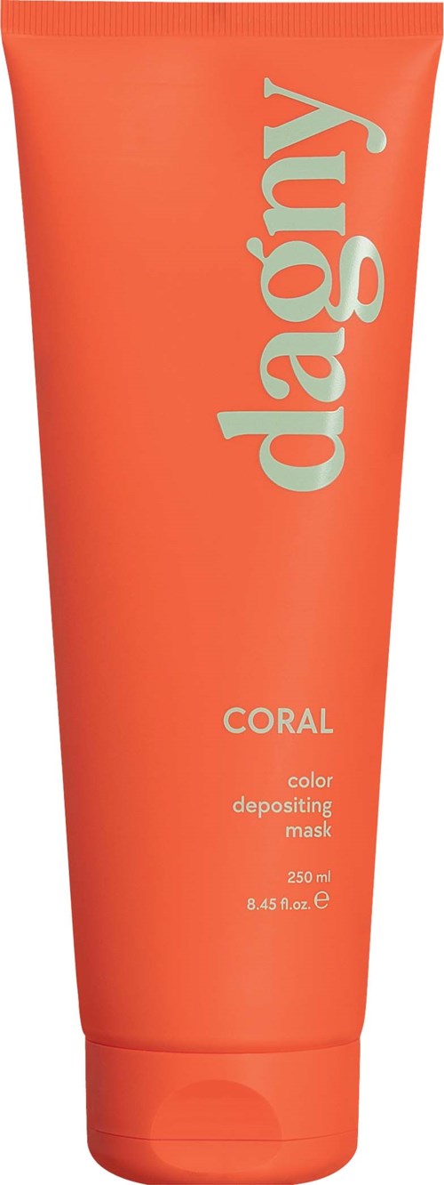 A coral-colored tube with the brand name 'dagy' and label 'color depositing mask' in light gray.