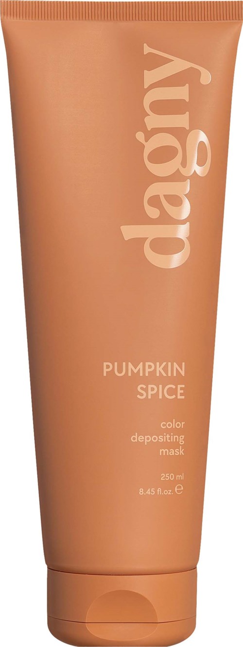 A peach-colored tube labeled pumpkin spice, a mask for color depositing, containing 250 ml of product.