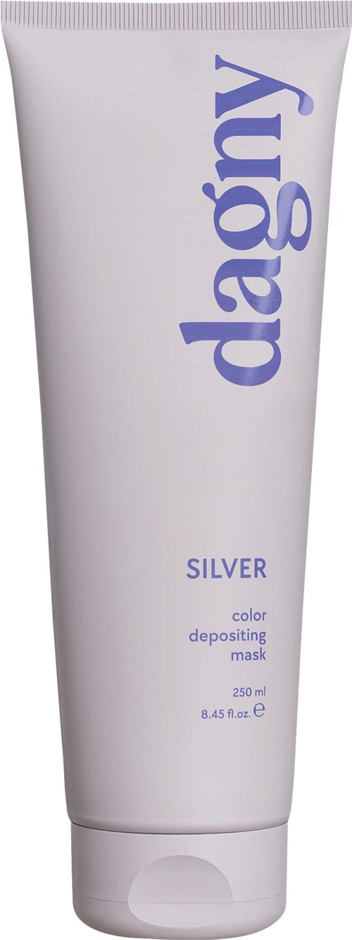 A white tube with purple text saying 'dagy' and 'SILVER' for a face mask product.