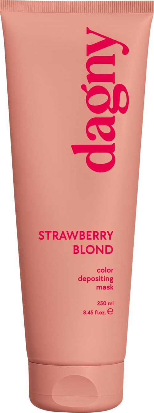 A pink tube of strawberry-blonde color-depositing mask with bold pink and small red text.