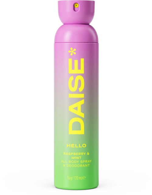 Pink and green gradient body spray bottle with yellow DASE text and raspberry mint scent label.