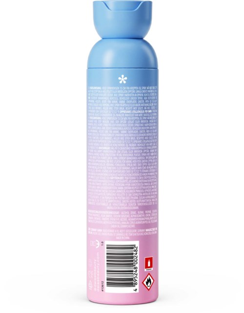 Blue and pink spray bottle with text and barcode on the back.