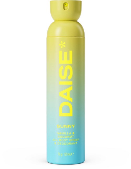A tall, cylindrical body spray with a yellow cap, light blue and yellow gradient body, and the words DAISE SUNNY on it.