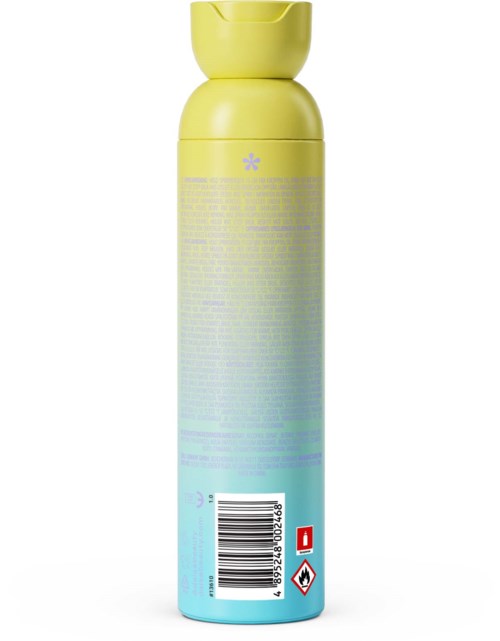 A tall cylindrical container with a yellow cap and gradient blue-green body, featuring text and symbols including a barcode.