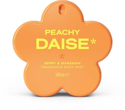A peach-shaped container for Peachy Dais fragrance body mist with yellow text and berry and mandarin flavor notes.