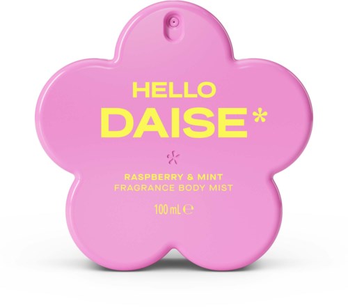 Pink flower-shaped container for Hello Daisé raspberry and mint body mist with yellow text.