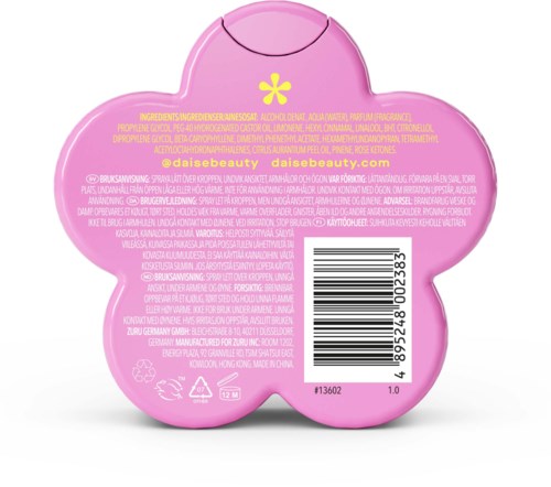 Product packaging in the shape of a pink flower with a yellow flower logo and a barcode.