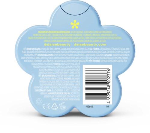 Blue flower-shaped skincare jar with ingredients list and barcode on the back.