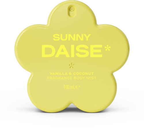 Yellow flower-shaped container with the text Sunny Dais and details about vanilla and coconut fragrance body mist.