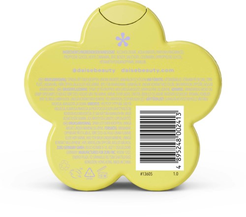 Bright yellow flower-shaped package with small purple flower logo and barcode on back.