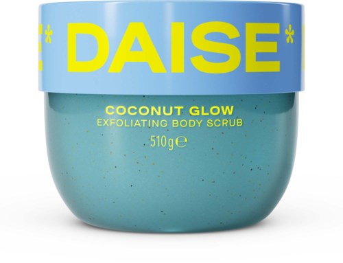 A blue container of DAISE Coconut Glow Exfoliating Body Scrub with yellow and blue labeling showing product details.