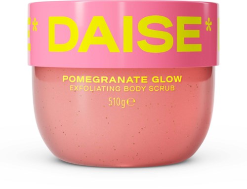 Pink container of Daisy Pomegranate Glow exfoliating body scrub with a pink lid and yellow text.