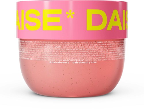 Pink skincare jar with a wide pink lid showing yellow text and product details.