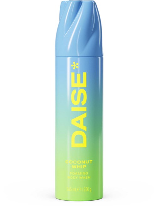 Blue and green bottle of Daisé Coconut Whip foaming body wash with yellow text.