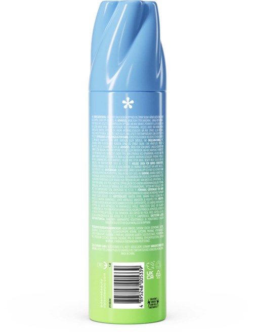 A tall, blue and green spray bottle with a curved cap, displaying ingredients and barcode on the label.