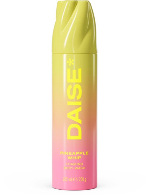 Pink and yellow container of DAEISE Pineapple Whip foaming body wash with a curved yellow cap.