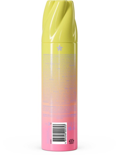 A tall yellow and pink spray bottle with a curved cap and a barcode at the bottom.