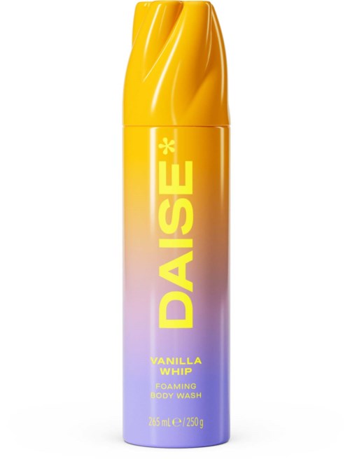 A tall, cylindrical body wash bottle with a yellow cap and a gradient purple and yellow label reading DASE Vanilla Whip.