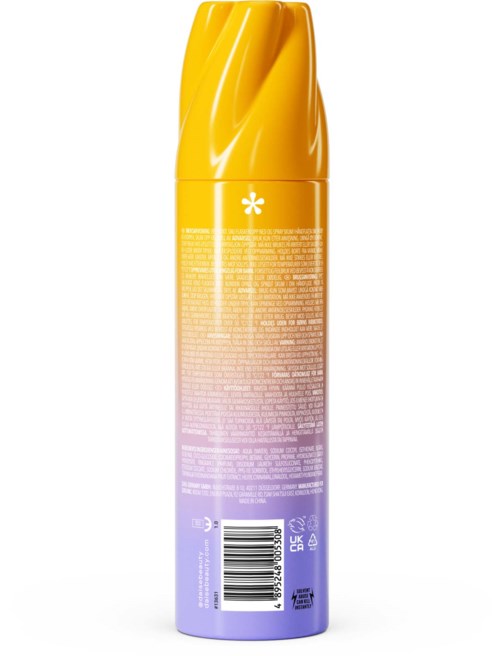 A yellow and purple spray bottle with a rounded cap, featuring text and barcode on the back label.