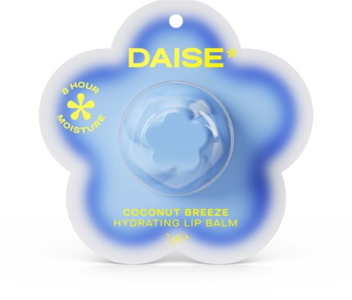 A flower-shaped blue and white lip balm container with yellow text, featuring a clear lid showing the balm inside.