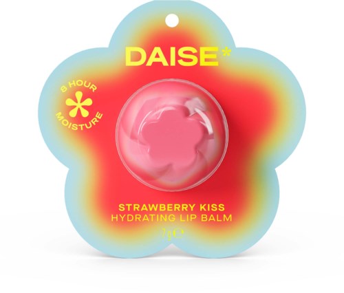 A round pink lip balm in clear plastic, surrounded by a colorful flower-shaped background with yellow text.