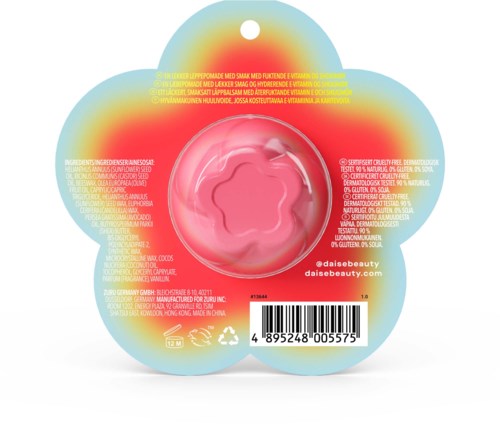 A round pink skincare product container with a transparent lid, displayed on colorful packaging with text and barcode.