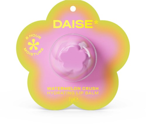Packaging of a watermelon-flavored hydrating lip balm in a flower-shaped container with yellow and pink colors and text.