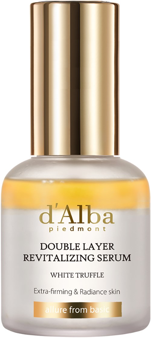 Eine kleine weiße Flasche mit goldener Kappe, beschriftet d'Alba Double Layer Revitalizing Serum mit weißem Trüffel.