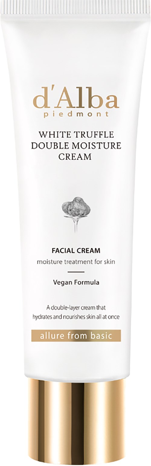 Eine weiße Gesichtssahne-Tube mit goldener Basis, gekennzeichnet mit d'Alba Rediscover's white truffle double moisture cream.