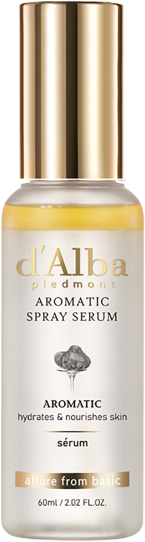 Eine weiße Flasche mit goldener Kappe, gekennzeichnet d'Alba Piedmont aromatisch Spray Serum für Hautfeuchtigkeit.