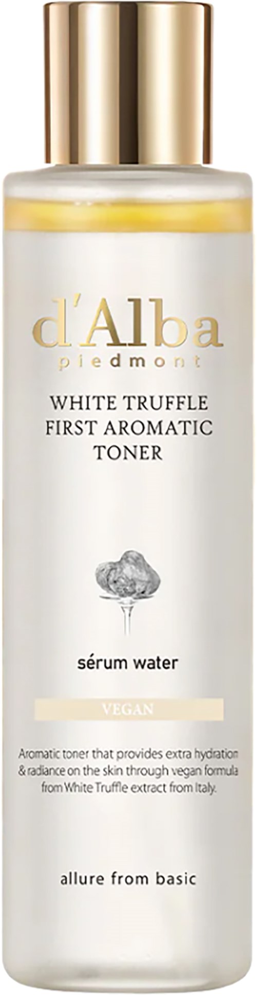 Eine weiße Flasche mit goldener Kappe, enthält White Truffle Toner, als vegan gekennzeichnet.