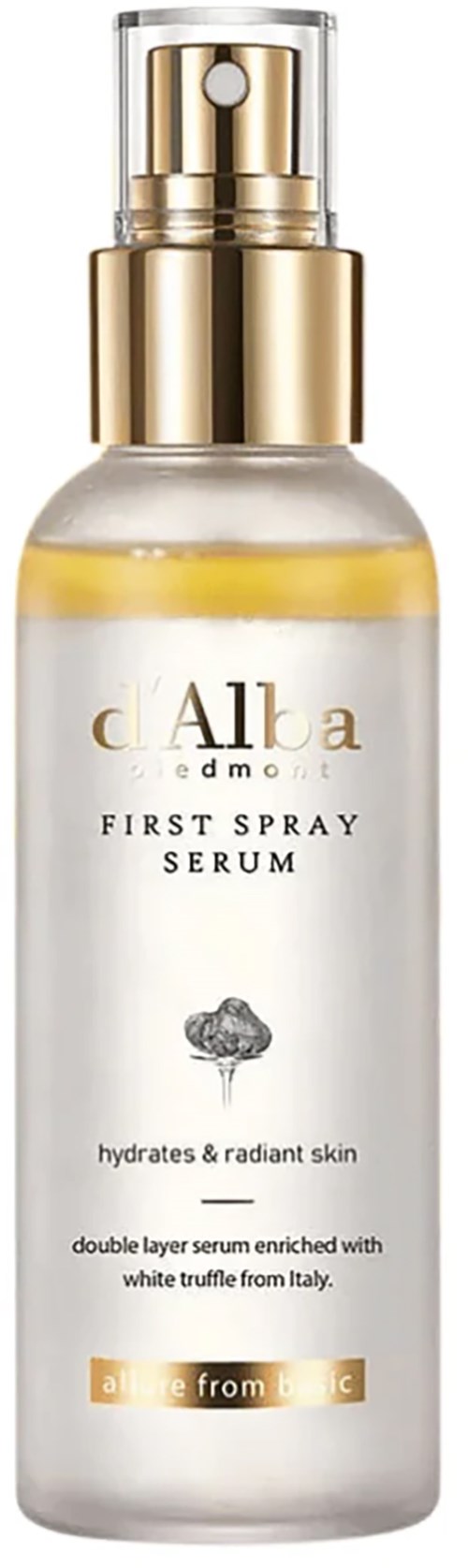 Klare Flasche mit goldener Sprühkappe, bezeichnet Alba First Spray Serum für strahlende, hydratisierte Haut. Enthält weißen Trüffel.