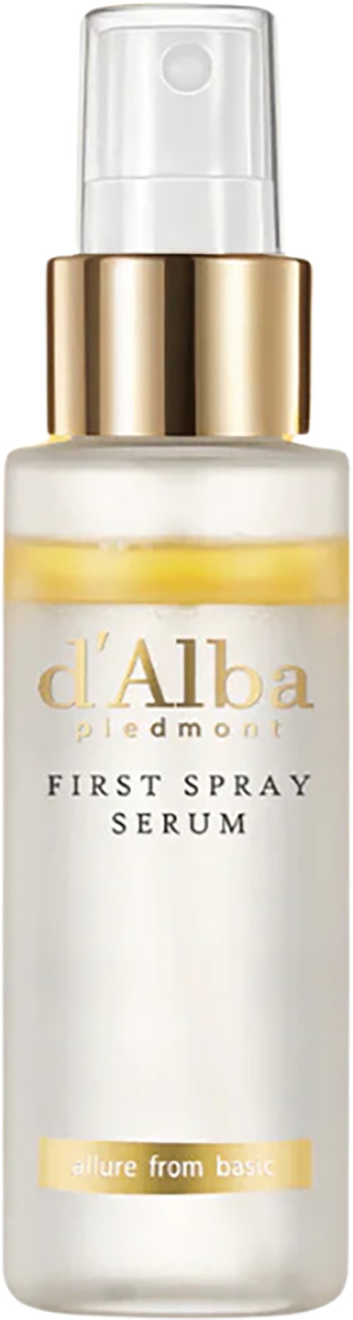 Eine weiße und goldene Sprühflasche mit der Aufschrift d'Alba First Spray Serum, mit Pumpsystem.