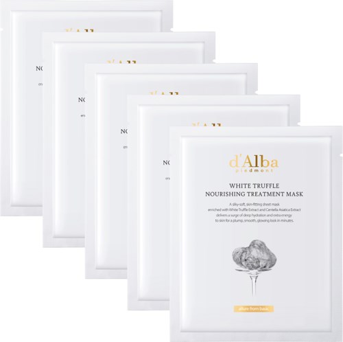 Fünf weiße Tüten mit d'Alba pflegender Behandlungsmaske sind angeordnet, each mit einem Etikett mit Produktnamen und Beschreibung.