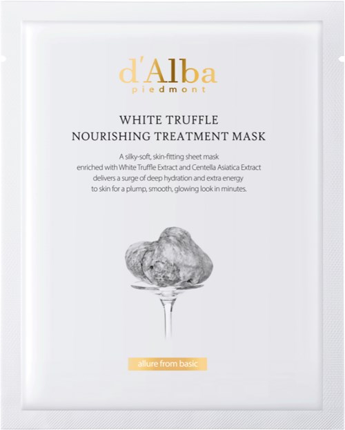 Ein Hautpflegeprodukt mit dem Titel White Truffle Nourishing Treatment Mask mit einer schwarz-weißen Illustration eines Trüffels.