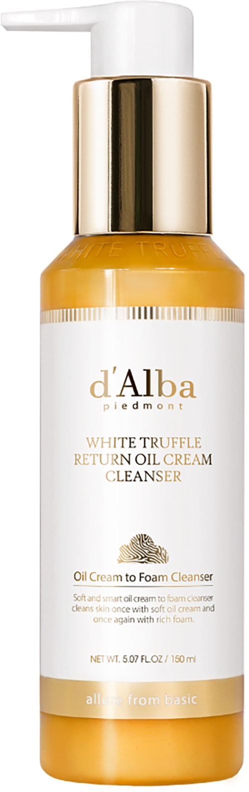 Eine Flasche d'Alba White Truffle Return Oil Cream Cleanser mit weißem Pumpenverschluss und goldener Kappe.