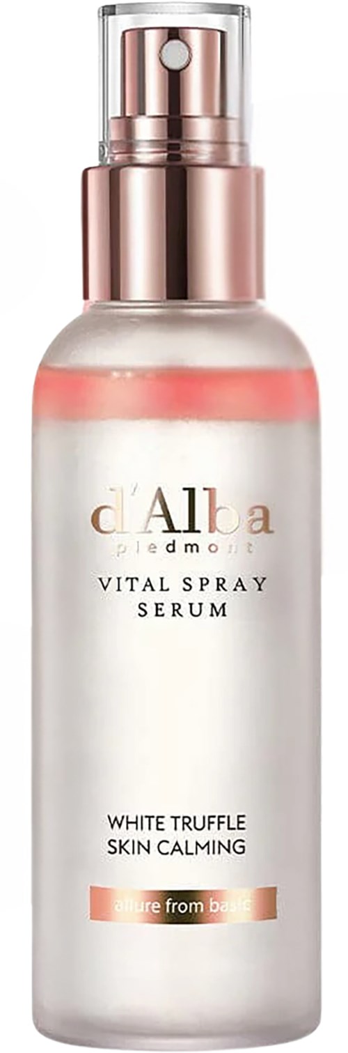Ein Hautserumflasche mit Roségoldpumpe, gekennzeichnet d'Alba, Vital Spray Serum, für beruhigende und aufhellende Haut.