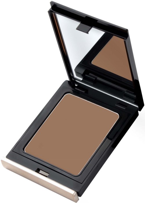 Ein brauner Make-up-Deckel mit Spiegel, geöffnet und einsatzbereit.