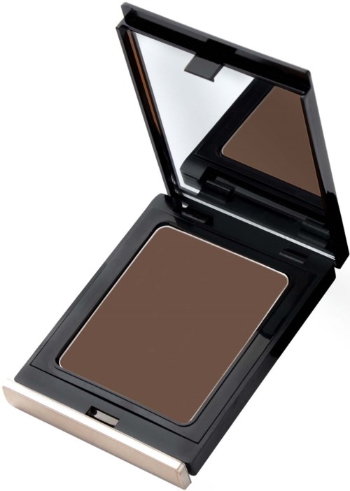 Een bruine make-up poeder in een zwart compact met een spiegel in de deksel.