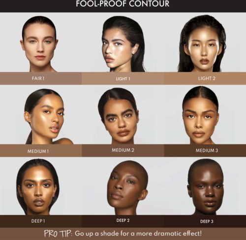 Toont verschillende make-up contour tinten voor diverse huidtinten met een pro tip voor een dramatischer effect.