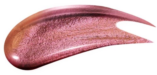 Een glanzende, roze-gouden make-up swatch met een gladde, gemengde textuur en reflecterend oppervlak.
