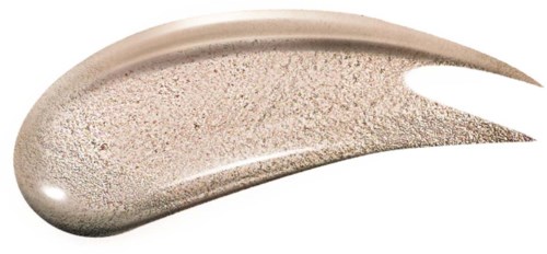 Een metallic glanzende veeg met een gebogen vorm en gestructureerd oppervlak, vergelijkbaar met een penseelstreek of vlek.