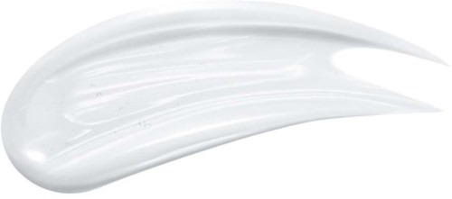 Een strook witte crème of lotion op een witte achtergrond. Het is glad en licht glanzend.